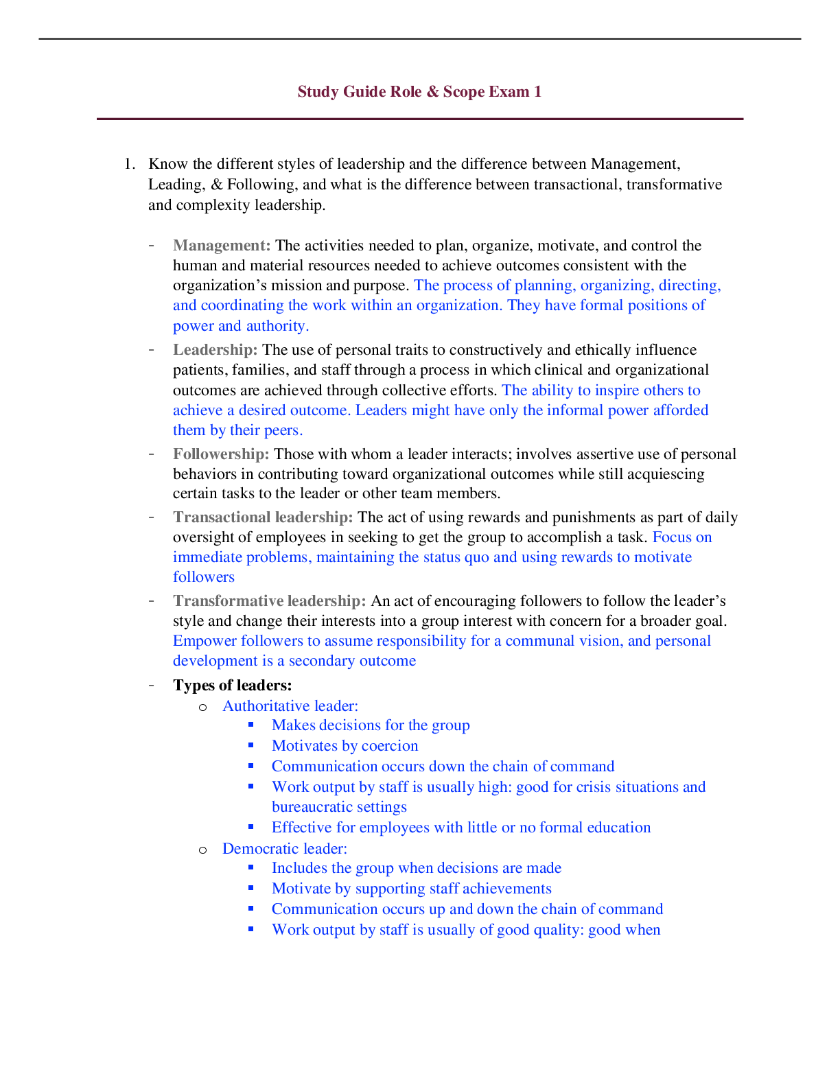 Preview of NUR 2868 / NUR2868: Role, Scope, Quality, and Leadership in Professional Nursing Exam 1 St
